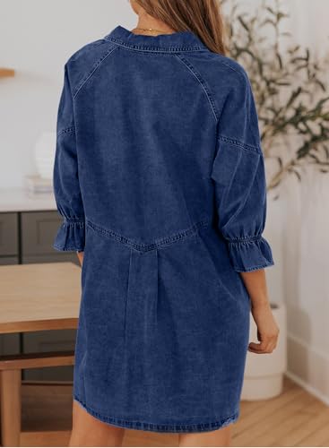 Image of Sidefeel Womens Smocked 3 4 Sleeve Button Down Denim Jeans Dresses