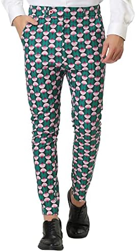 Lars Amadeus Men's Casual Geometric Printed Color Block Flat Front Slim Fit Dress Pants 30 Green
