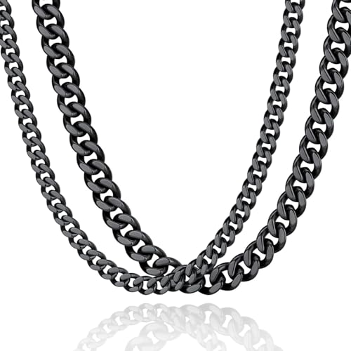 FindChic 2-Pack Cuban Link Chain Necklace Set - 7mm 22 Inches & 9mm 22 Inches Black Jewelry for Men & Women, Gift Box Included