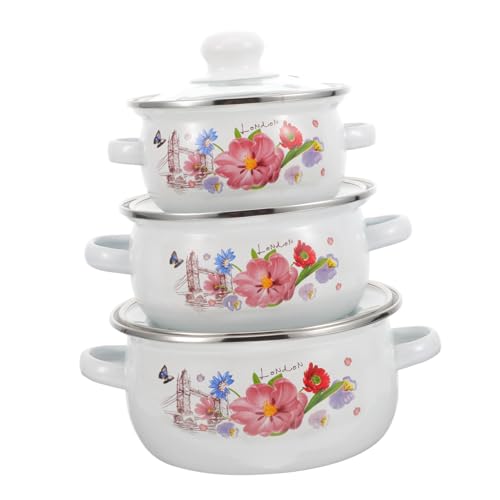 PEPLAYTAL 3 Piezas Olla Pequeña Esmaltada con Doble Asa Olla para Sopa Retro con Tapa y Vintage Cacerola para Cocina Compatible con Inducción y Gas