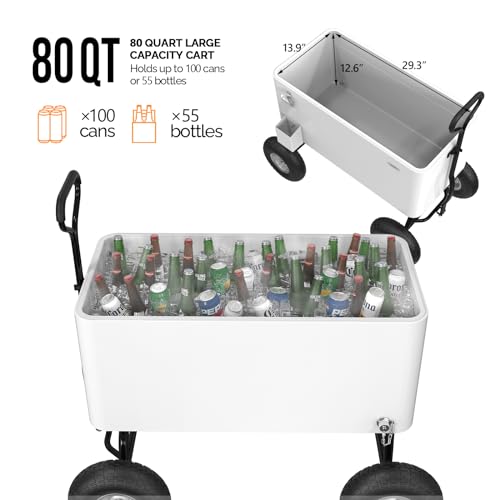 Image of VINGLI 80 Quart Wagon Rolling Cooler Ice Chest, w /Long Handle and 10 inch Wheels, Portable Beach Patio Party Bar Cold Drink Beverage, Outdoor Park Cart on Wheels