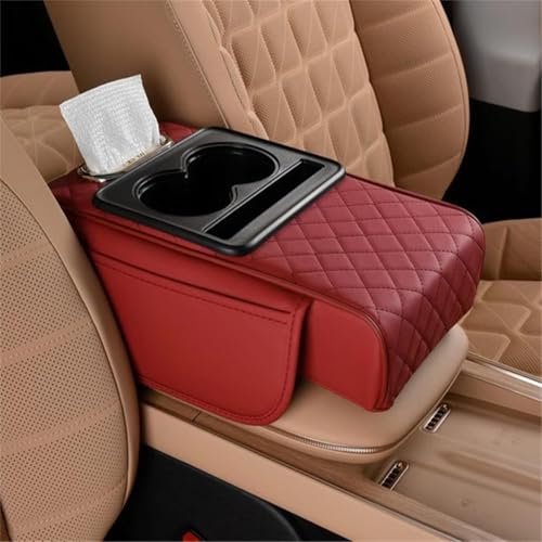 Integrated Pressurized Multifunctional Car Armrest Heightening Pad, Car Armrest Box Storage Bag, With 2 Cup Holder, Phone Slot, Tissue Box, Side Pockets, For All CarModels (red)