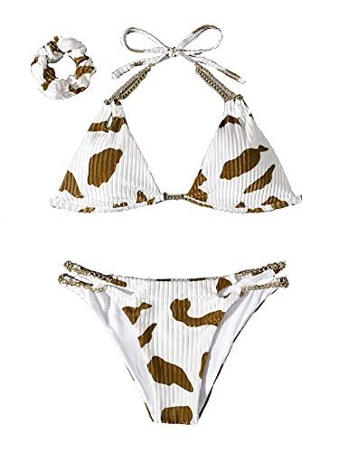 Verdusa Women s 3pack Cow Print Velvet Bikini and Cut Out Panty Swimsuit Bathing Suit Brown White M