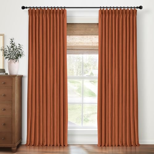 Pinch Pleated Blackout Curtains 95 Inch Long, Linen Blend, 100% Blackout Drapes with 20 Hooks, Ideal for Bedroom and Living Room, 40" W x 95" L (Pack of 2), Orange