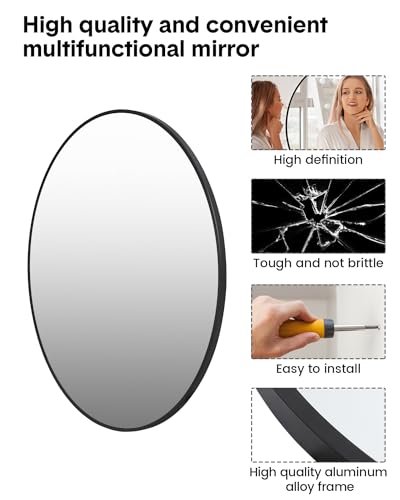 Round Mirror, 32 inch Circle Mirror, HD Eco-Friendly Round Bathroom Mirror for Over Sink, Big Matte Black Metal Framed Wall Mirror for Wall, Vanity, Entryway, Hallway, Living Room, Easy to Install