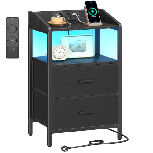 Hzuaneri Table de Chevet avec 2 Tiroirs de Rangement en Tissu, Multiprise