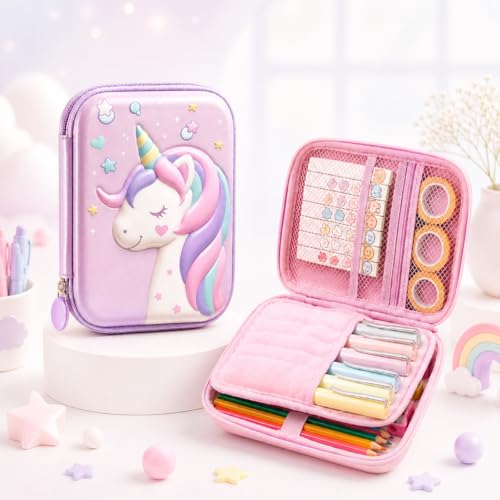 Image of Famyo Cute Pink Unicorn Pencil Box for Girls | Hard Shell Aesthetic Stationery Case for Kids & Teens | Cute Pencil Pouch for School Girls | Pen Storage Box Organizer