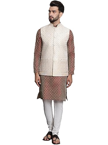 Image of SOJANYA (Since 1958 Men's Jacquard Silk Kurta and Pyjama with Nehru Jacket