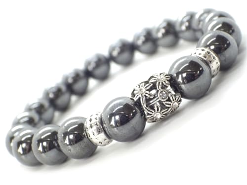 Bracciale da donna in perline di ematite nera e perla centrale con cristalli