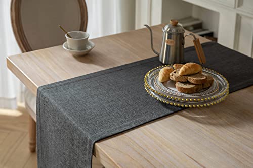 Image of ZeeMart Burlap Style Farmhouse Table Runner, 14x90 Inches Graphite Grey | Thick Durable Fabric, Mitered Corner Design, Rustic Woven Dining Table Runner, Machine Washable Everyday Table Scarf