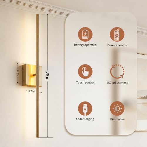 Image of KARTOOSH 28.3 Inch Wall Sconces Battery Operated for Living Room Gold | Rechargeable Wireless Wall Lamp Set of 2, 3000K Warm White Dimmable Wall Light Remote Control Indoor Lighting for Bedroom
