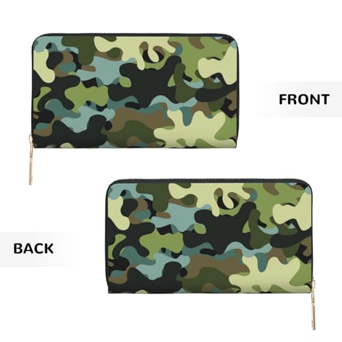 Black Green Camo Print Wallet Women Men, Long PU Leather Wallets for Women, Cute Womens Travel Wallet Purse Pouch with Zipper Pocket2