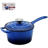 Hamilton Beach Enameled Cast Iron Sauce Pan 2-Quart Blue, Black Enamel coating, Pot For Stove top and Oven Cooking, Even Heat Distribution, Safe Up to 400 Degrees, Durable