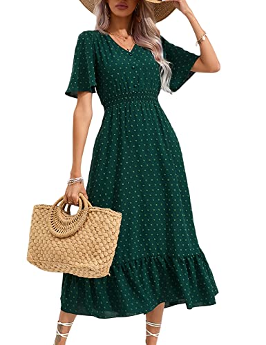 KOJOOIN Damen Sommerkleid Boho Kurzarm Maxikleider Swiss Dot Gesmoktes...