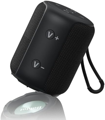 Bobtot Bluetooth Lautsprecher Klein, Mini Musikbox IPX6 für Reisen, Schwarz | IPX6 wasserbeständig, 15H Akku, TWS Stereo, USB/AUX/TF, Trageschlaufe, für Dusche, Küche, Garten, Outd