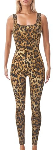 Image of FEOYA Leopard Print Romper for Women One Piece Rompers Playsuit Bodycon Jumpsuits Sleeveless Full Body Leopard Bodysuit Club Unitard Leopard Outfit