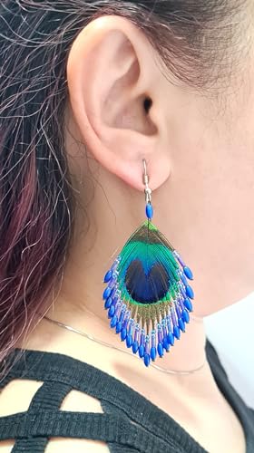 Iridescent Peacock Feather Earrings, Hand Beaded Blue Color Beads Peacock Earrings for Women, Handmade Dangle Drop Feather Earrings Fashion Jewelry DA138-A2
