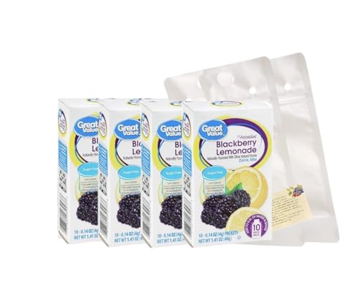 Great Value Sugar free Low calorie Blackberry Lemonade Drink Mix Bundle 10 packets Per Box (4 Boxes), 40 Total Packets. Includes (2) Stand-Up Sieral Plastic Drink Pouches. Store Juice, Favorite Snacks. Custom Healthy Smoothie Recipe Card