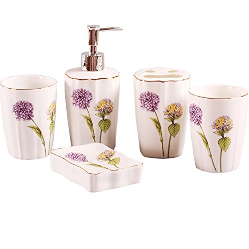 Jruf Dandelion Love Ceramic 5 Piece Set Of Bathroom Accessories, Including Decorative Countertop Soap Box, Toothbrush Holder, Tumbler, Lotion Dispenser, Gift Box (Purple) #TOP1