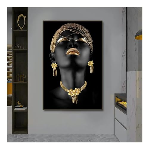 Póster de mujer africana oro negro, pintura en lienzo de 35x55cm para renovar tu salón