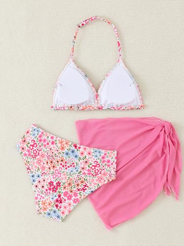 Image of SEGT Girl's 3 Piece Striped Bikini Swimwear Cute Swimsuits Bathing Suit High Waisted with Cover Up Beach Skirt