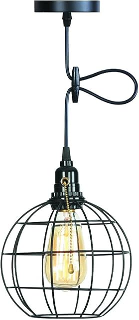 Pull Chain Pendant Light Fixture,On Off Switch Pull String Flush Mount Ceiling Light,Industrial Farmhouse Adjustable Height Global Hanging Lights for Kitchen Island,Garage,Basement,E27 Base(Black)