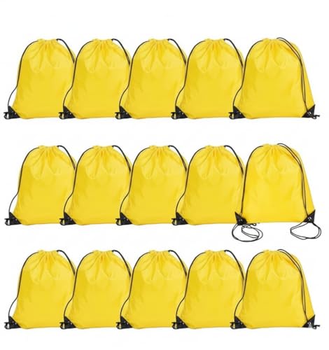 Playcrate 15 Yellow Drawstring Bags Backpack - Party Gift Bags & Sports String Bag for Gym, School, Travel Storage Organization (Yellow)