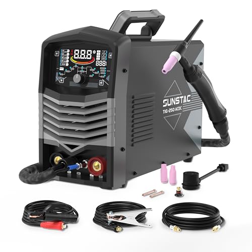 Sunstac 250A AC/DC Aluminum TIG Welder with Pulse, 110V/220V Dual Voltage TIG Welding Machine with DC TIG/AC TIG/Pulse TIG/SPOT TIG/Stick