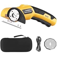 Cordless Electric Scissors, 4V Rechargeable Mini Cardboard Cutter, Power Rotary Scissors with 2 Safety Blades & USB Charging Cable & Storage Bag for Box Packages Carpet Plastic Yellow