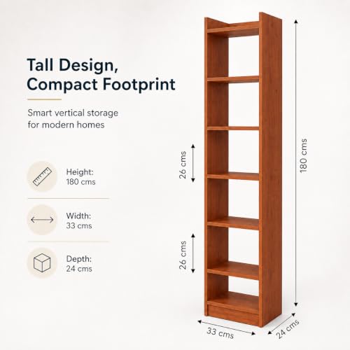 Image of FURLAY SlimTower 180 cm Tall Bookshelf, White 6-Tier Slim Open Shelf Organizer, Space Saving Book Rack for Bedroom, Study Room, Living Room, Office, Kids Room & Decor Storage (FWBS7L-Woodland)