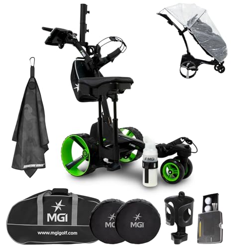 MGI Zip X5 Electric Golf Push Cart Ultimate Accessory Bundle | Zip Folding Caddy, All-Terrain Wheels, Plays 36 Holes, Adjustable Speed, Display Screen, Odometer | Signature Series Golf Towel
