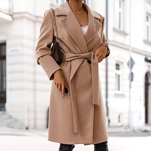 Womens Elegant Notched Collar Coats Faux Wool Blend Trench Coats Long Jacket With Belt Windproof Warm Thin Windbreaker #TOP4