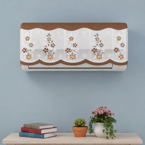Image of Premium Cotton Net AC Cover for 1.5-2 Ton Split Air Conditioner | Dust Protection AC Indoor Unit Cover for Summer | Embroidered & Printed | Pack of 1 (Brown Flower)