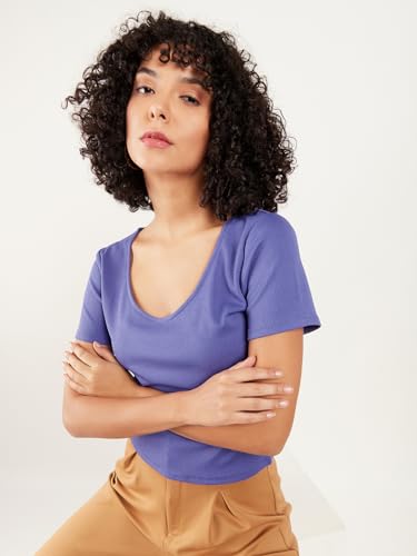 Image of Athena Lifestyle Women and Girls Blue Polyester Round Neck Short Sleeves Solid Blouson Casual Tops