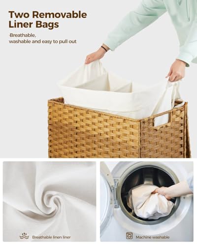 Greenstell Laundry Hamper with Wheels&Lid, 130L Large 3 Sections Clothes Hamper with 2 Types Removable Liner Bags, 5 Mesh Laundry Bags, Handwoven Divided Laundry Basket for Clothes, Natural