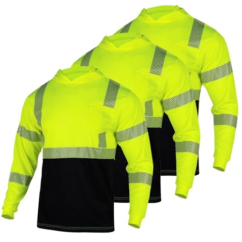FONIRRA 3 Pack Hi Vis Shirts for Men Safety Reflective Long Sleeve Construction Work Shirt with Hood ANSI Class 3