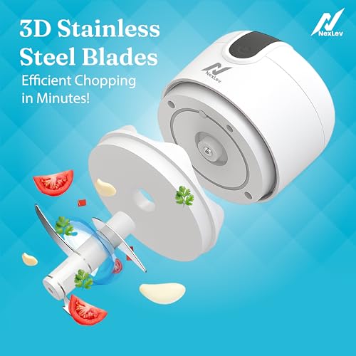 Image of NexLev Mini Electric Chopper | 3D Stainless Steel Blade | Food Grade Bowl | For Mincing Garlic Ginger Onion Vegetable Meat Nuts | 250 ml | One Touch Operation | MC-01
