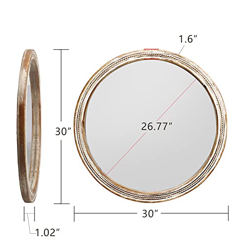 Round Wooden Mirror Bathroom Mirrors - 30'' Decorative Wall Mirror For Entryway, Bedroom, Foyer, Fireplace Distressed Circle Mirror -Rustic Hanging Mirrors #TOP1