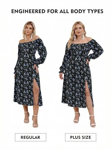 Image of BLENCOT Womens Casual Square Neck Long Sleeve Boho Floral Midi Dress Print Side Split Dresses