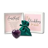 MilaBoo® Glücksherz 4 cm – Handgefertigter Edelstein in Herzform im Samtsäckchen & Geschenkbox – Handschmeichler mit Karte und Botschaft (Du schaffst das - Amethyst)