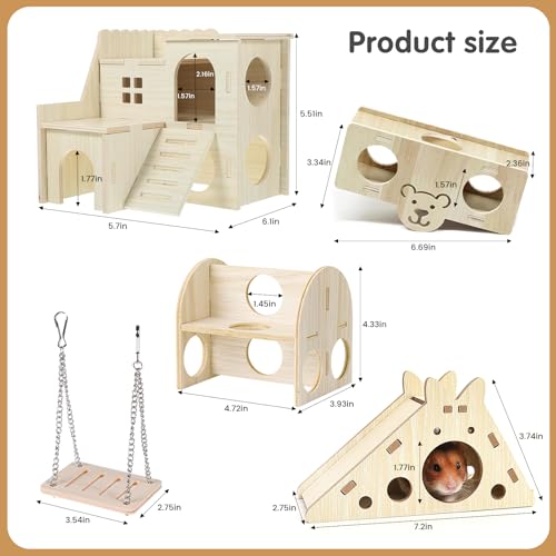 DINTSTYLE Hamster Toys 5-Piece Set ,Hamster House, Swing, Climbing Ladder, Seesaw & Exercise Wheel,Pet DIY Sport Exercise Toys Set, Small Animal Habitat Accessories ,Gerbils, Mice(Natural Wood)