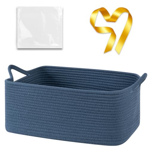 Image of OIASKET Large Empty Cotton Rope Gift Basket with Handles, 16.5 inchx12.6 inchx7 inch Decorative Woven Storage Basket with Gift Bag and Ribbon Set for Baby Shower, Toy Organizer for Kids, Dogs & Cats - Blue