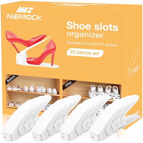 Neprock Shoe Slots Organizer, 20 Pack Adjustable Shoe Rack Stacker Storage Space Saver, Double Deck Shoe Rack Holder for Closet Organization (White)