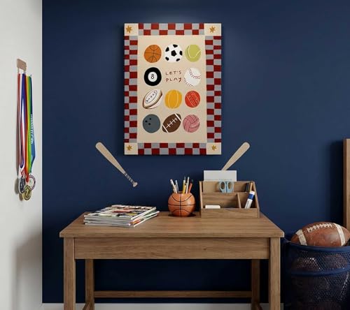 Image of Let's Play Sports Balls Canvas Wall Art, Funny Sports Nursery Painting Picture Wall Decor, Cute Boho Neutral Kids Playroom Poster Print Artwork, for Playroom, Nursery Home Decoration, 16x24in Framed