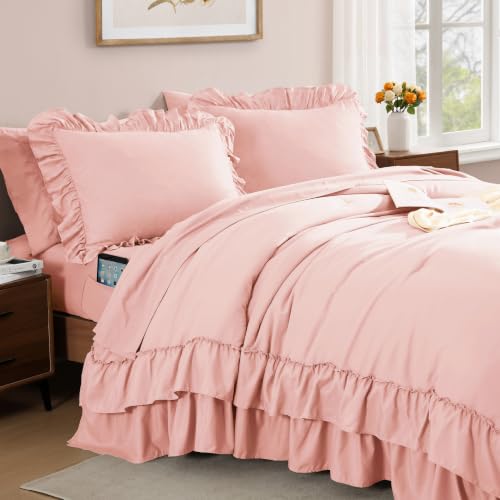 Image of King Size Comforter Set Rosewater Ruffle 7 Pieces Farmhouse Bed in a Bag | Shabby Chic Fluffy All Season Bedding Sets with Sheets, Pillowcases & Shams