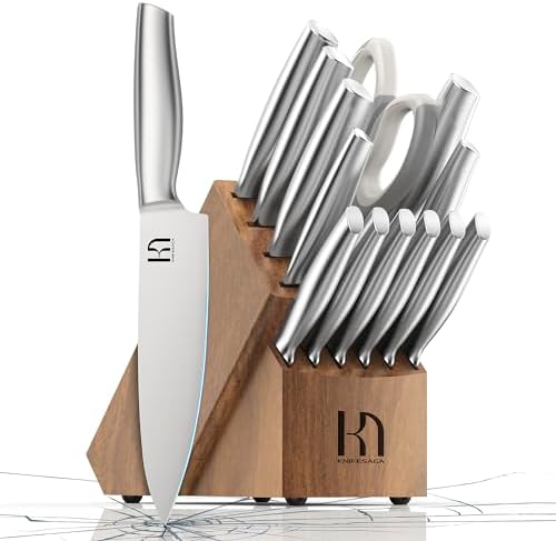 KnifeSaga 2024 Upgraded Knife Set 14 Piece Premium Japanese High Carbon Stainless Steel Kitchen Knife Block Sets with Built-in Sharpener, Razor Sharp Knives Set for Kitchen, Angled Acacia Wood Block
