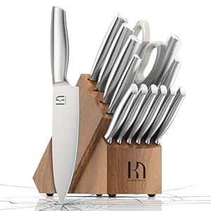 2024 Upgraded Knife Set 14 Piece Premium Japanese High Carbon Stainless Steel Kitchen Knife Block Sets with Built-in Sharpener, Razor Sharp Knives Set for Kitchen, Angled Acacia Wood Block