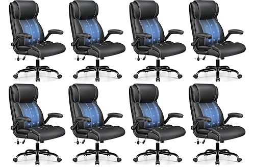 Image of BESTFAIR High Back Home Office Chair, Inflatable Lumbar Support, Black | Neck & Lumbar Support for All-Day Comfort, Flip-Up Arms, 21 inch Wide Padded Seat, Scratch-Resistant PU Leather, Rocking, 8 Pack
