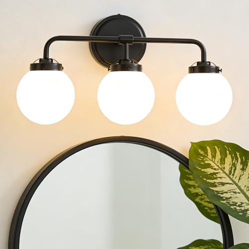 Image of Bathroom Light Fixtures 18.3in 3-Light Matte Black Vanity Lights for Mirror | Bathroom Lighting Fixtures over Mirror, ETL, Brushed Brass Wall Sconce, Dimmable E12 Base Max 60W, Milky Glass Ball Shades