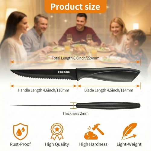 Miniatura 5 de Fohere Juego De 8 Cuchillos De Carne, Cuchillos De Carne Negros Dentados, Cuchillos De Cocina De Acero Inoxidable, Ideal Para Comida De Navidad, Nochevieja Y Lavable En Lavavajillas
